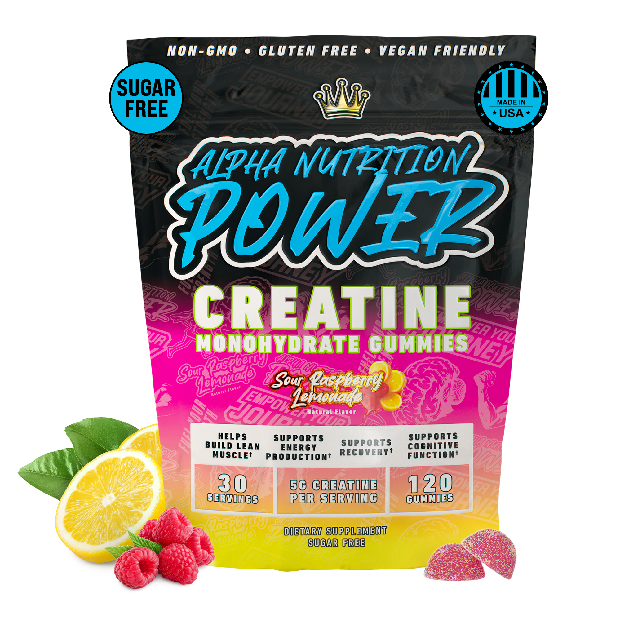 Creatine Monohydrate Gummies – Sugar-Free, Vegan, Gluten-Free – Sour Raspberry Lemonade Flavor – 30 Servings (120 Gummies) – Alpha Nutrition Power Supplements – Healthcare Muscle – Fitness Dietary – Optimum