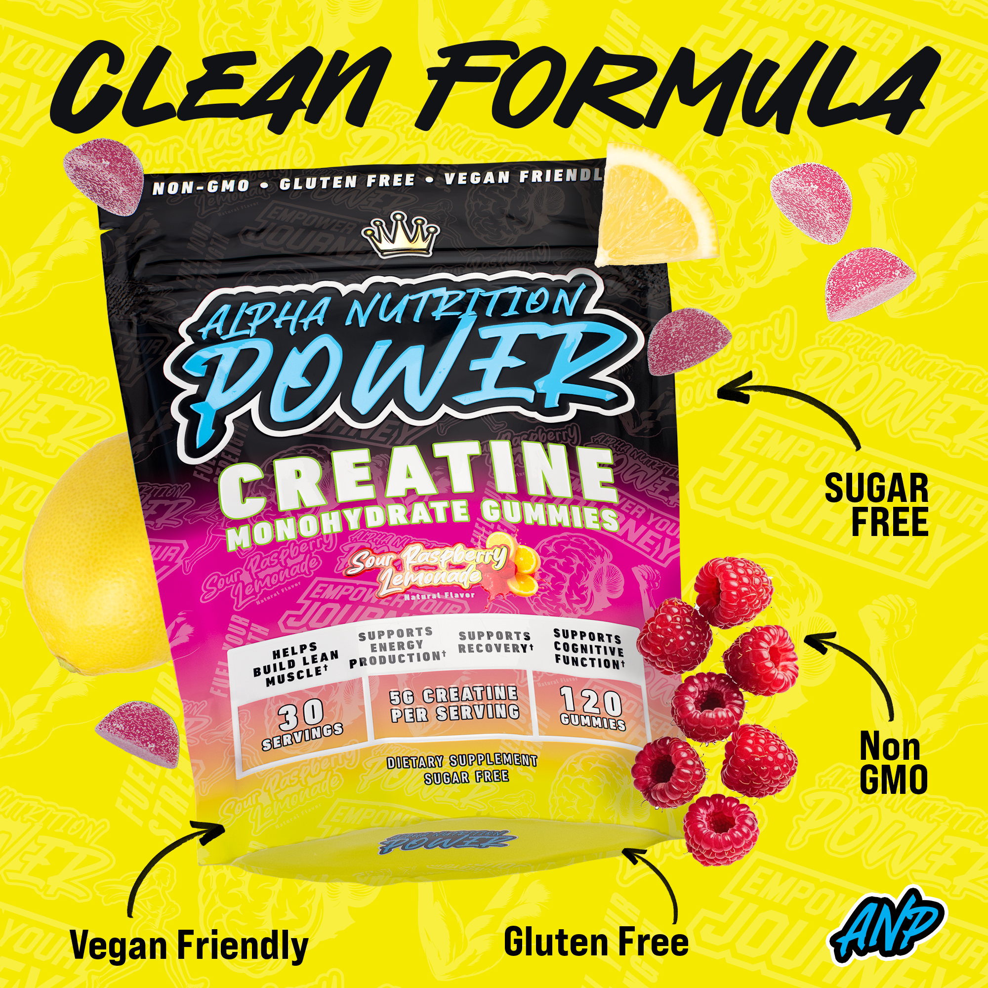 Creatine Monohydrate Gummies – Sugar-Free, Vegan, Gluten-Free – Sour Raspberry Lemonade Flavor – 30 Servings (120 Gummies) – Alpha Nutrition Power Supplements – Healthcare Muscle – Fitness Dietary – Optimum
