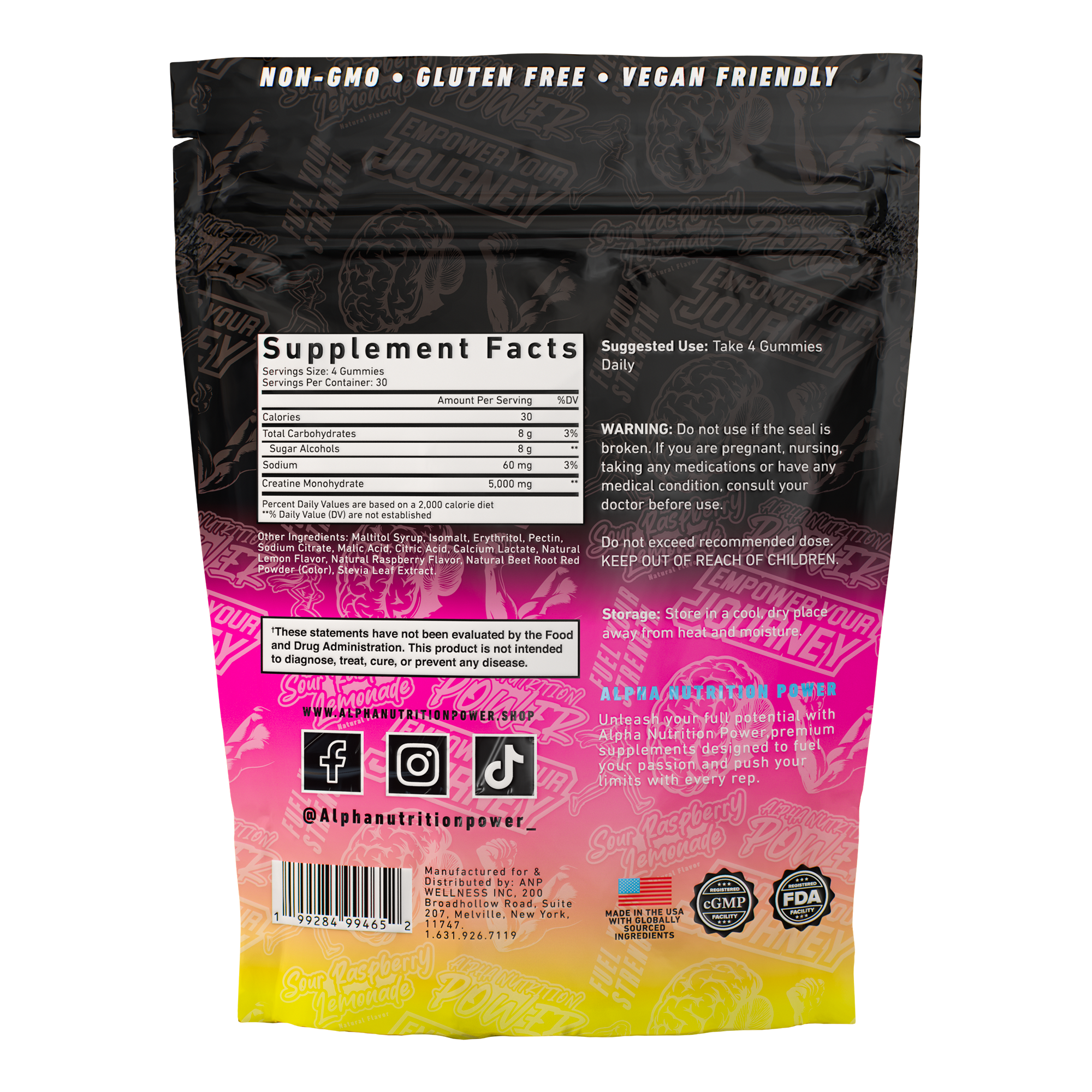 Creatine Monohydrate Gummies – Sugar-Free, Vegan, Gluten-Free – Sour Raspberry Lemonade Flavor – 30 Servings (120 Gummies) – Alpha Nutrition Power Supplements – Healthcare Muscle – Fitness Dietary – Optimum