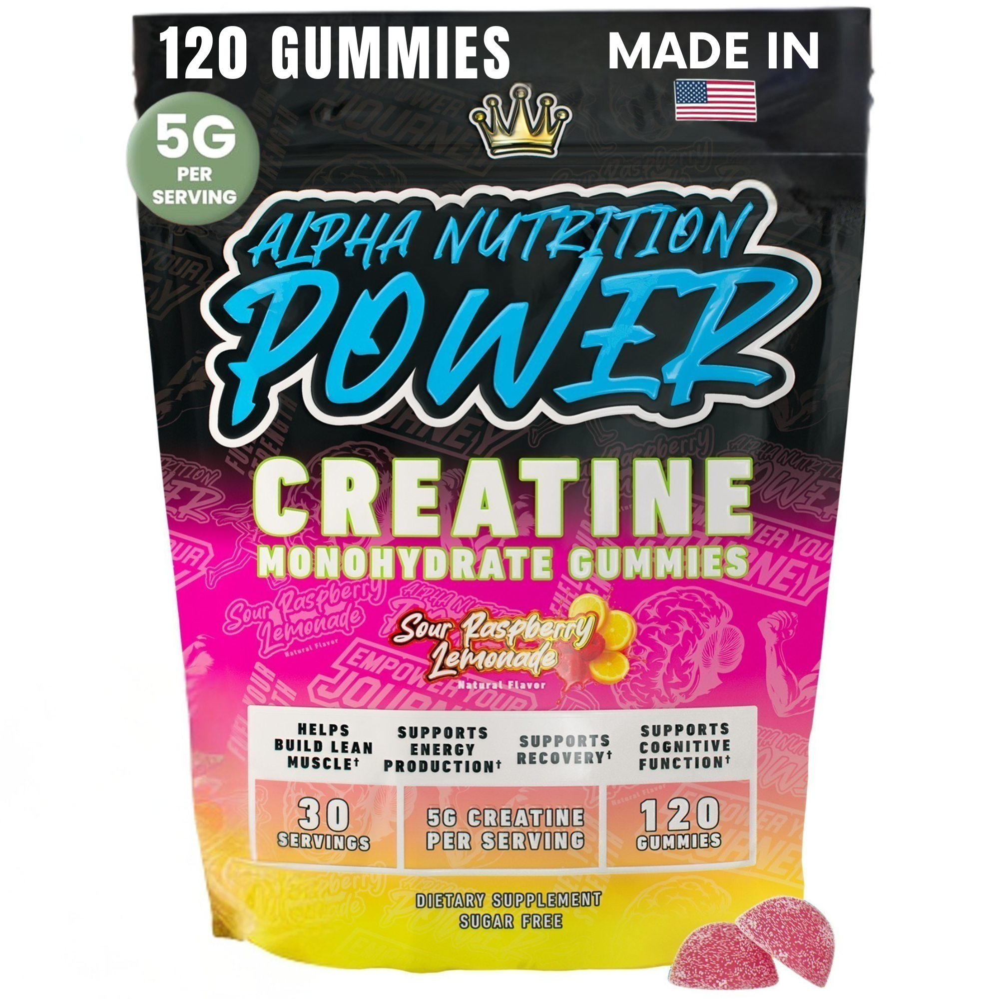 Creatine Monohydrate Gummies 5g - Sour Raspberry Lemonade Flavored Creatine for Men and Women - Alpha Nutrition Power Supplement for Lean Muscle Growth, Energy, Pre and Post Workout, Focus & Cognition, Recovery (120 Gummies)