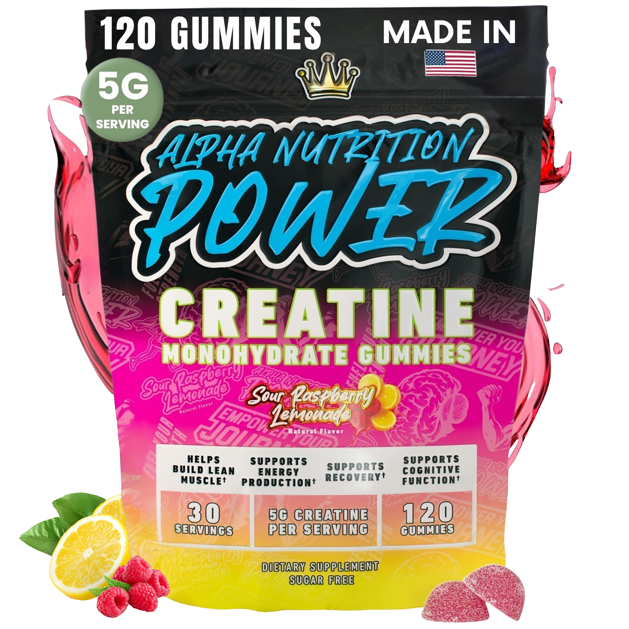 Creatine Monohydrate Gummies 5g - Raspberry Lemonade Flavored Creatine for Men and Women - Supplement for Muscle Gain, Energy, Pre and Post Workout, Recovery, (120 Gummies)