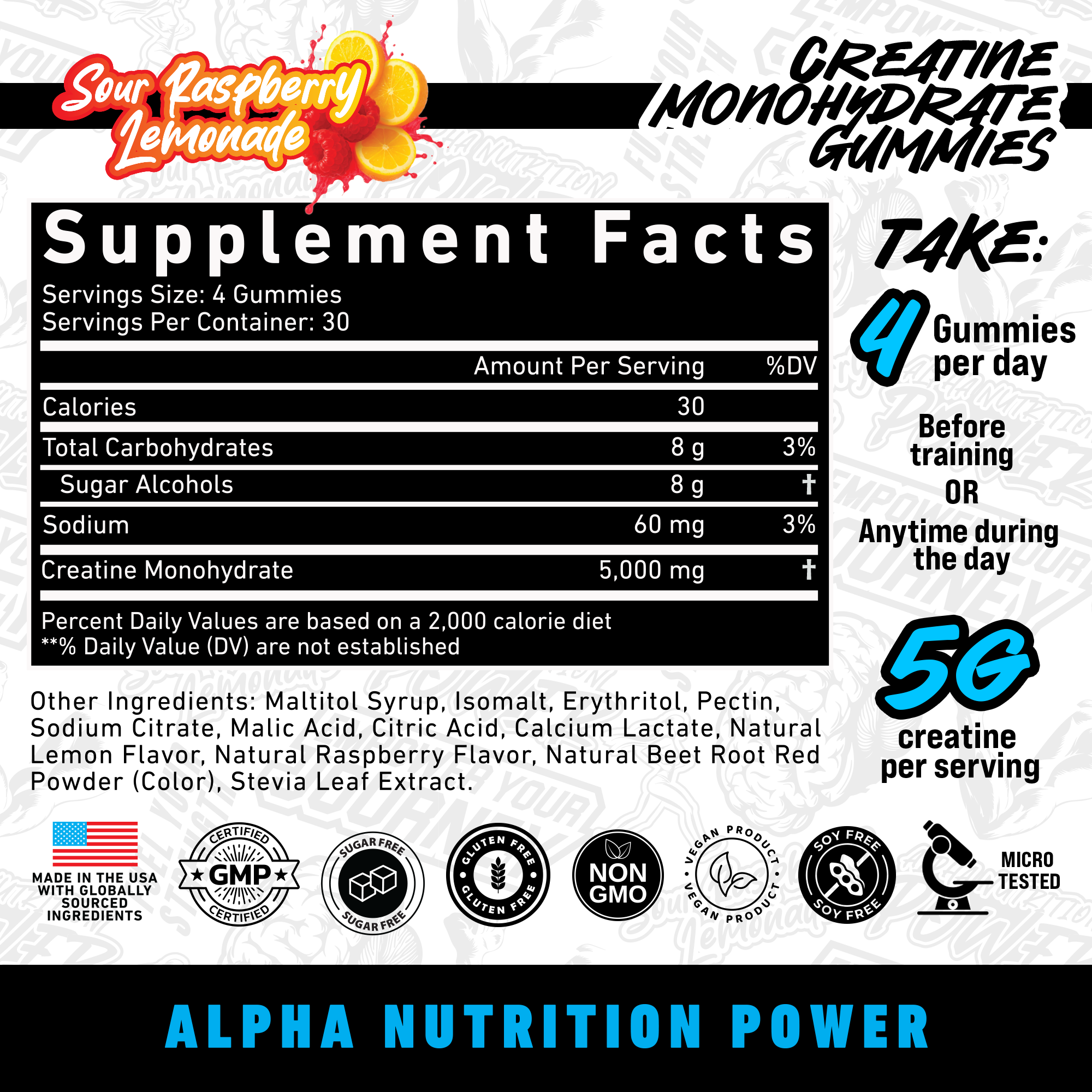 Creatine Monohydrate Gummies – Sugar-Free, Vegan, Gluten-Free – Sour Raspberry Lemonade Flavor – 30 Servings (120 Gummies) – Alpha Nutrition Power Supplements – Healthcare Muscle – Fitness Dietary – Optimum