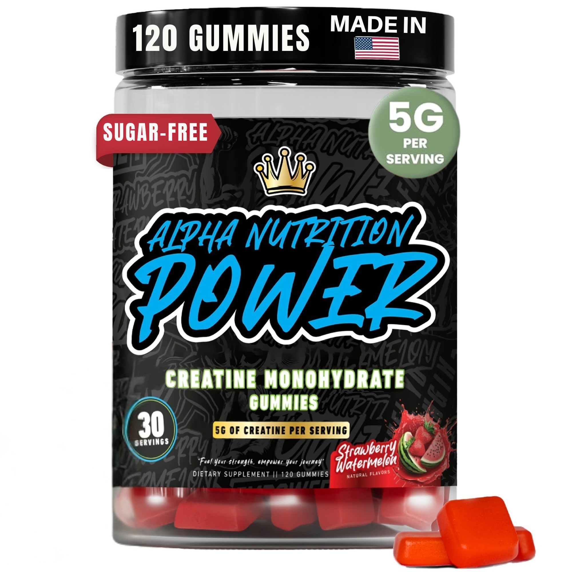 Creatine Monohydrate Gummies 5g - Strawberry-Watermelon Flavored Creatine for Men and Women - Alpha Nutrition Power Supplement for Lean Muscle Growth, Energy, Pre and Post Workout, Focus & Cognition, Recovery, (120 Gummies)
