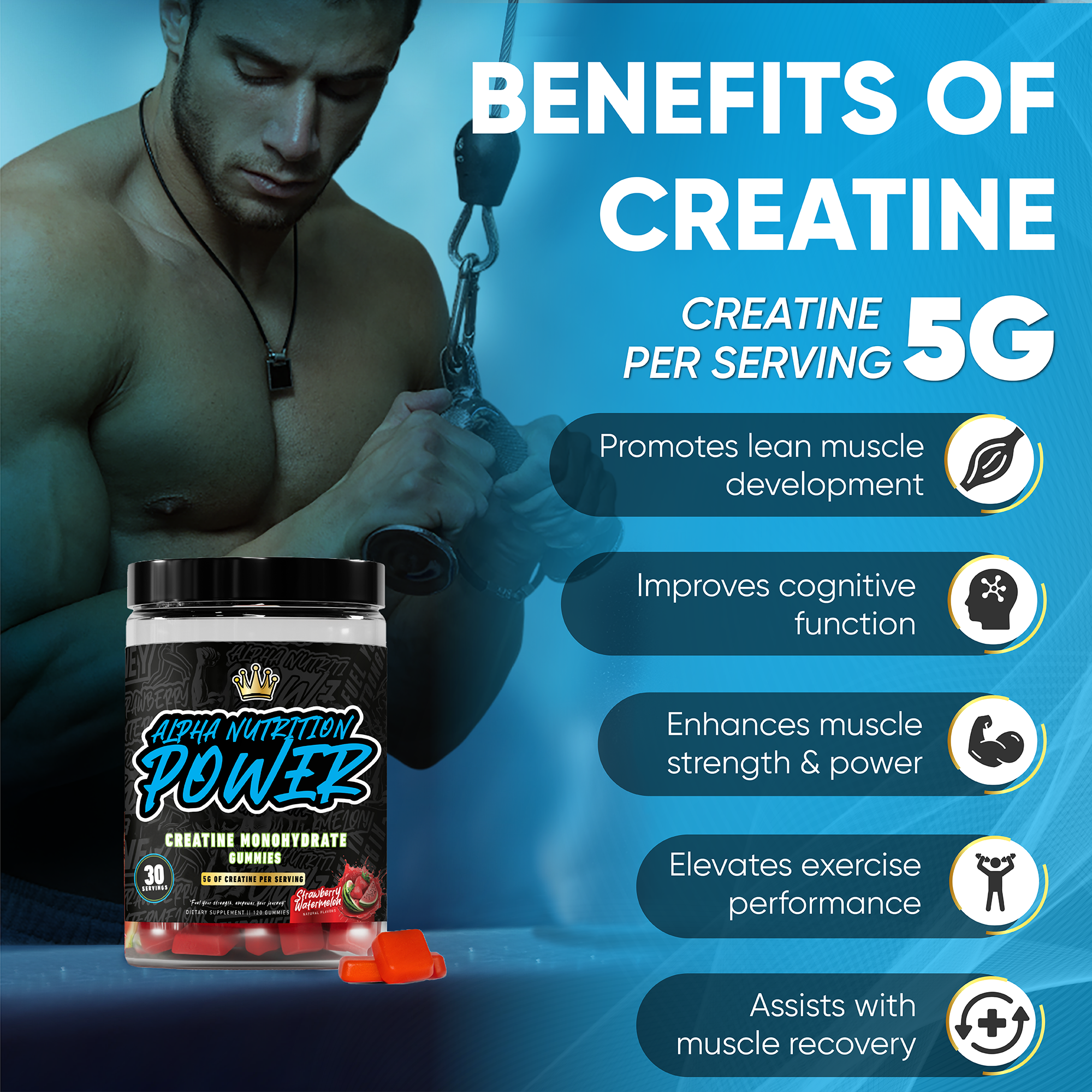Creatine Monohydrate Gummies – Sugar-Free, Vegan, Gluten-Free – Strawberry-Watermelon – 30 Servings (120 Gummies) – Alpha Nutrition Power Supplements – Healthcare Muscle – Fitness Dietary – Optimum