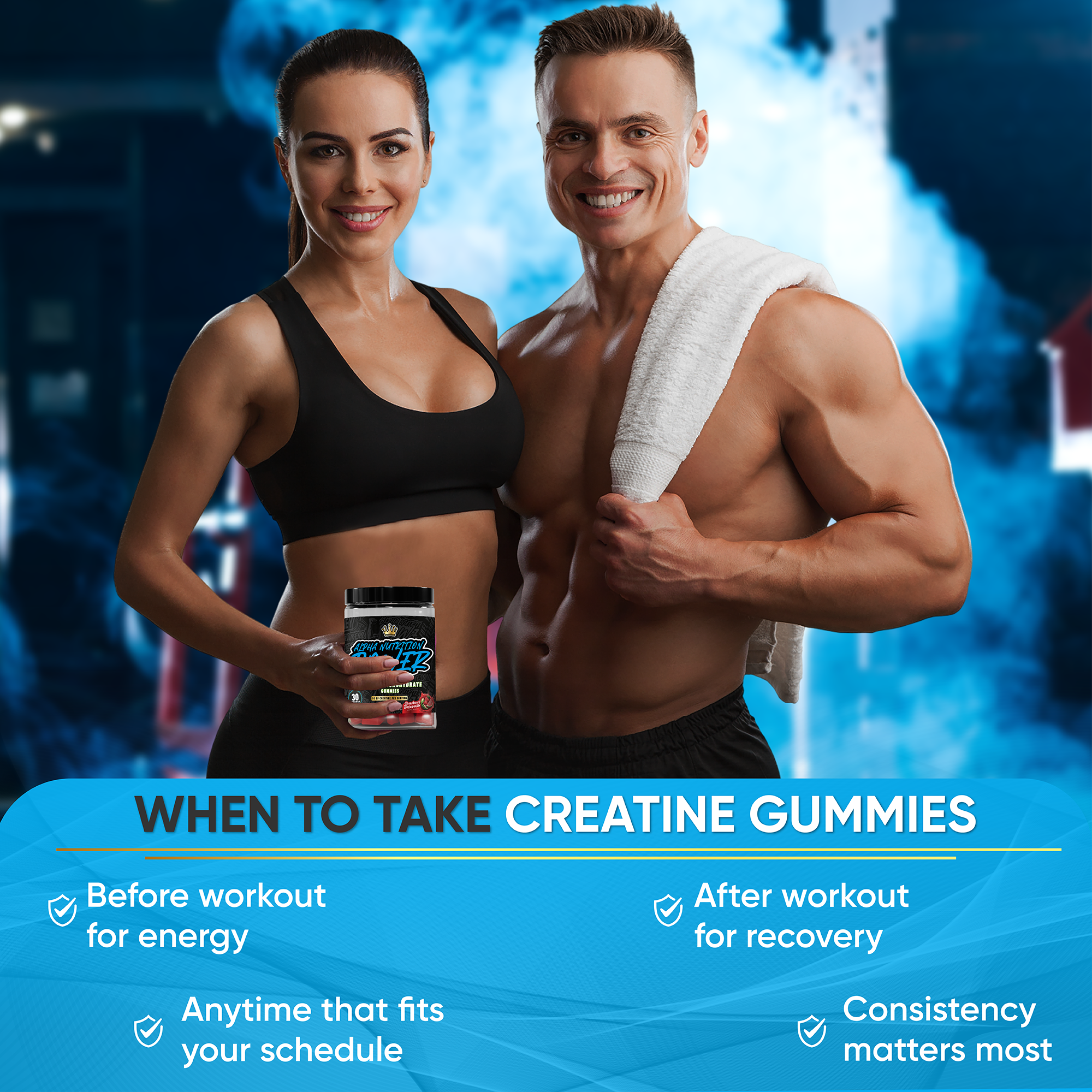 Creatine Monohydrate Gummies 5g - Alpha Nutrition Power Supplements - Supports Muscle Gain, Energy, Pre and Post Workout, Focus & Cognition, Recovery (120 Count)